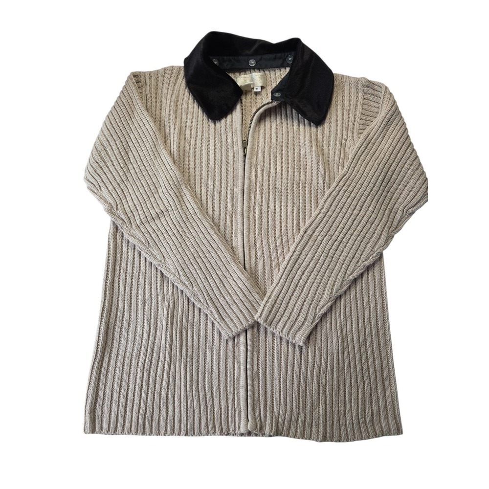 Maurada Women's Beige Ribbed‎ Sweater Zip Up Jacket Black Velvet Collar Medium